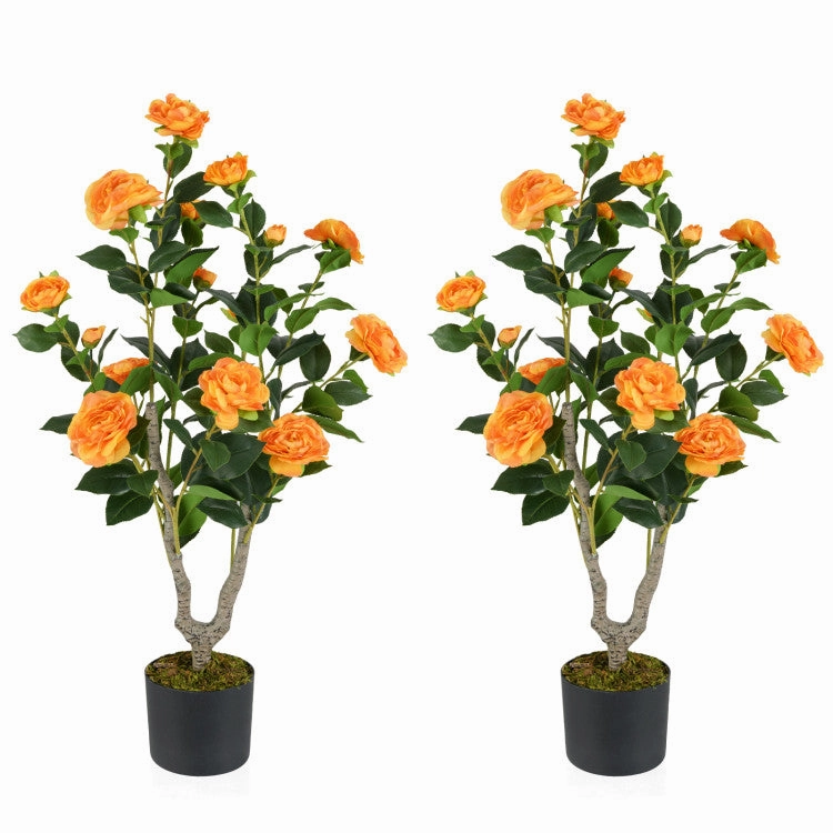 Hivvago 36 Inch Artificial Camellia Tree with Blooming Flower 2 Pack
