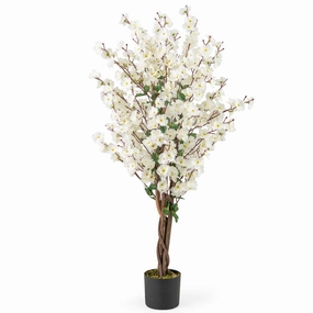 Hivvago Faux Plum Blossom Plant with White Fabric Flower and Solid Wood Trunk-White Faux Florals cheap bouquet decor