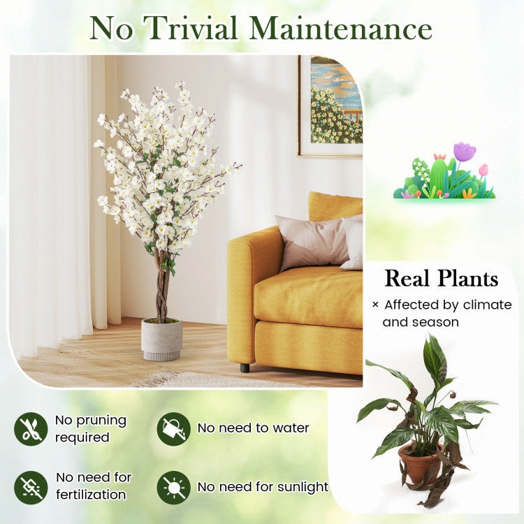 Hivvago Faux Plum Blossom Plant with White Fabric Flower and Solid Wood Trunk-White