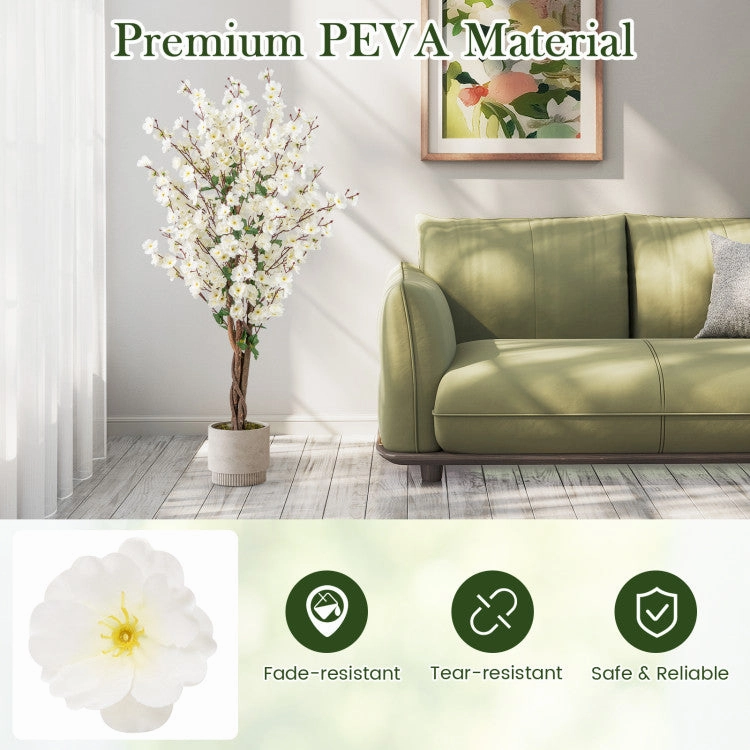 Hivvago Faux Plum Blossom Plant with White Fabric Flower and Solid Wood Trunk-White