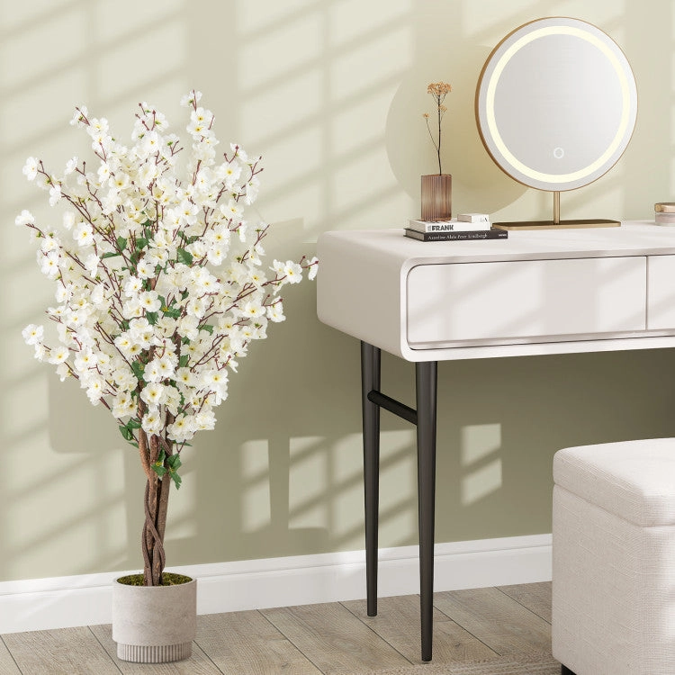 Hivvago Faux Plum Blossom Plant with White Fabric Flower and Solid Wood Trunk-White