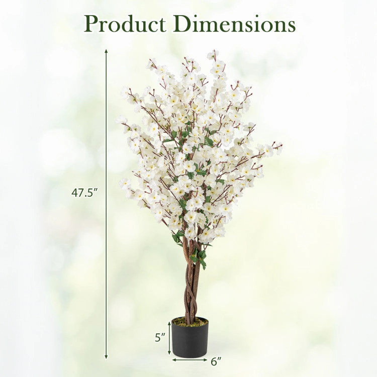 Hivvago Faux Plum Blossom Plant with White Fabric Flower and Solid Wood Trunk-White