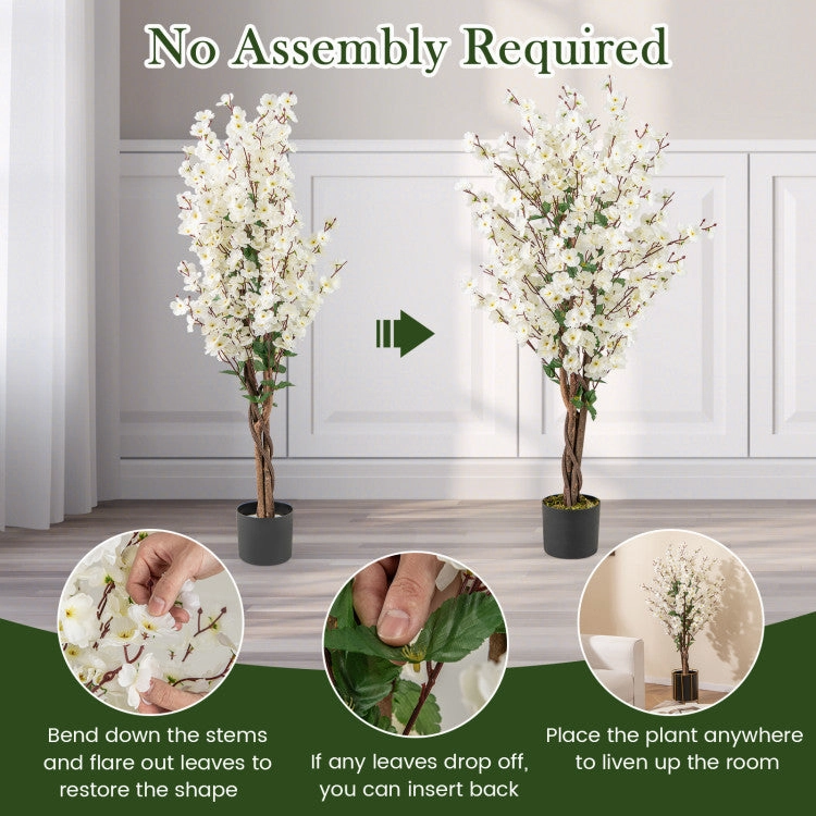 Hivvago Faux Plum Blossom Plant with White Fabric Flower and Solid Wood Trunk-White