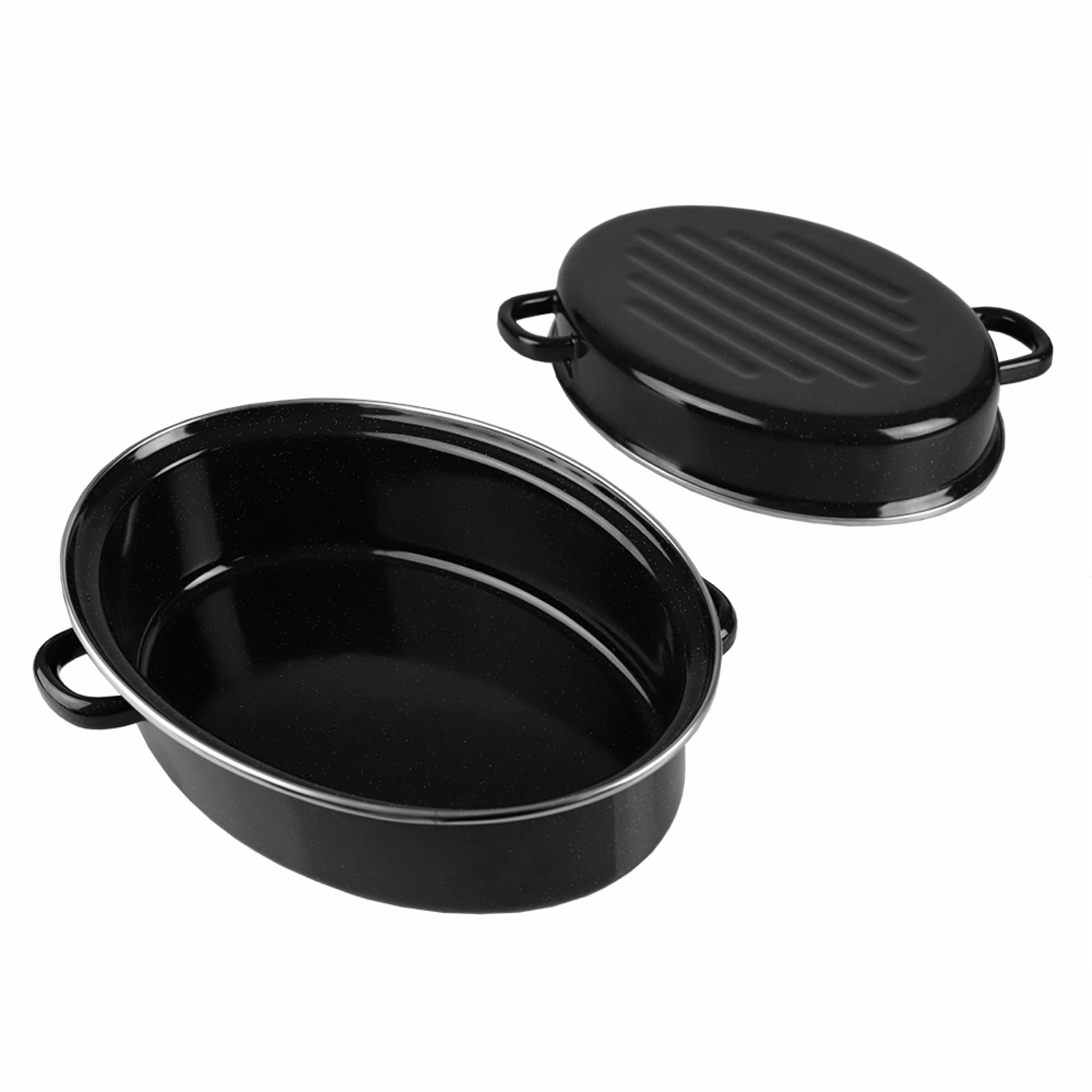 Home Basics Deep Oval Natural Non-Stick 12 Enameled Carbon Steel Roaster Pan with Lid, Black