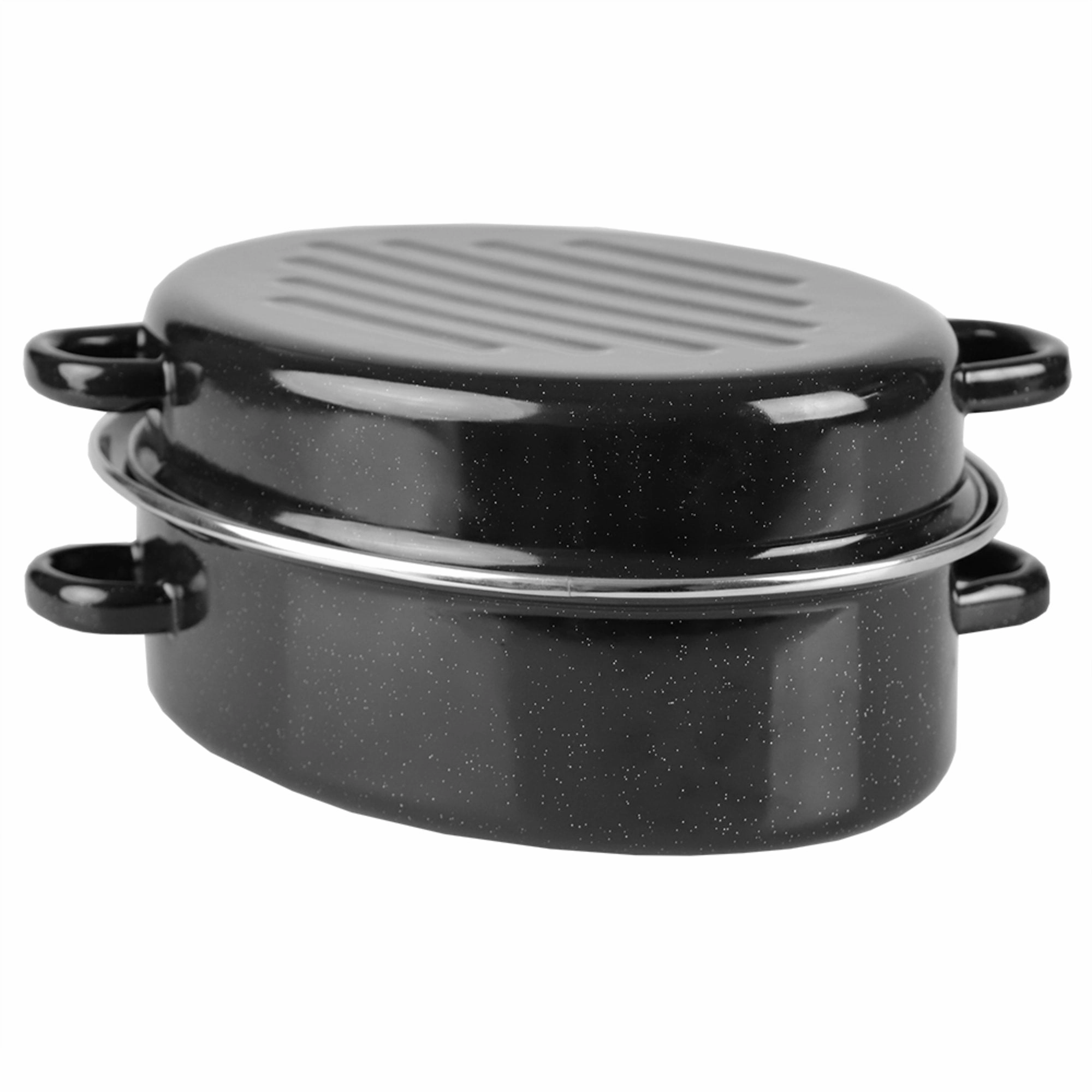 Home Basics Deep Oval Natural Non-Stick 12 Enameled Carbon Steel Roaster Pan with Lid, Black