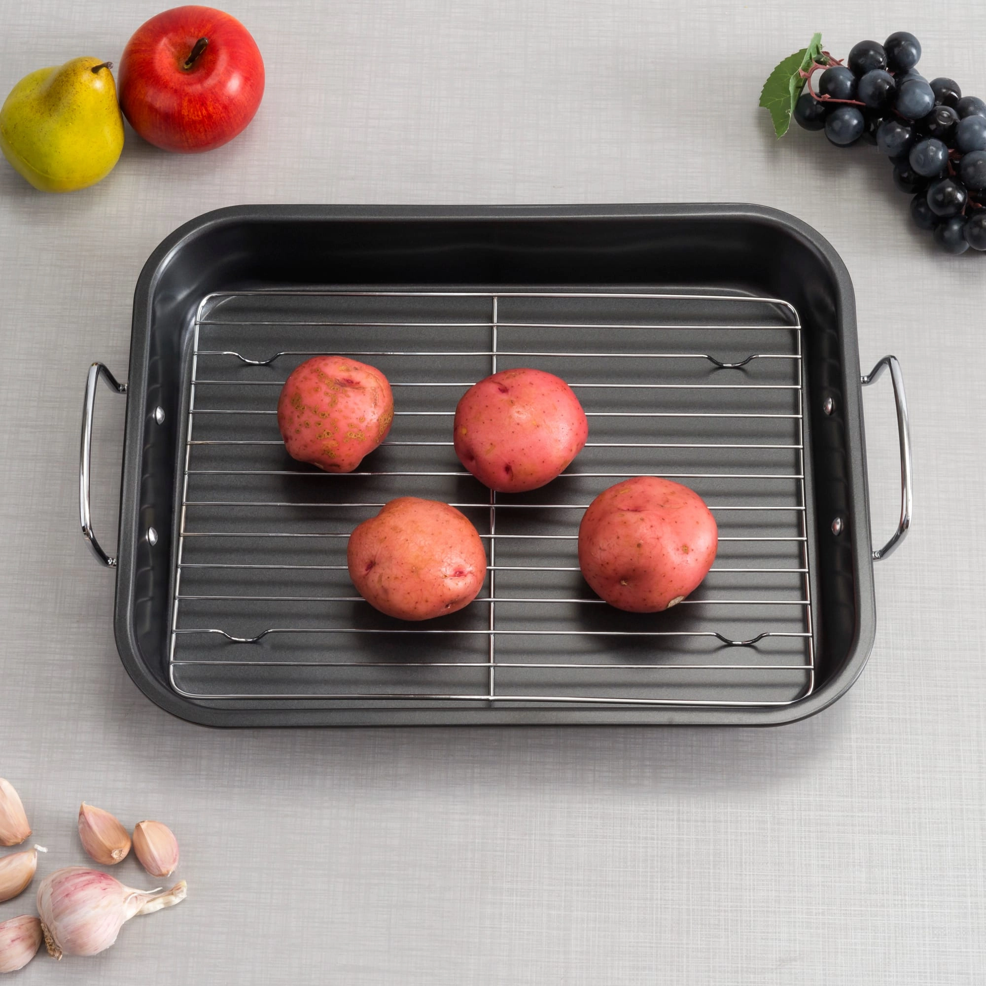 Home Basics Roast Pan with Grill Rack, Grey