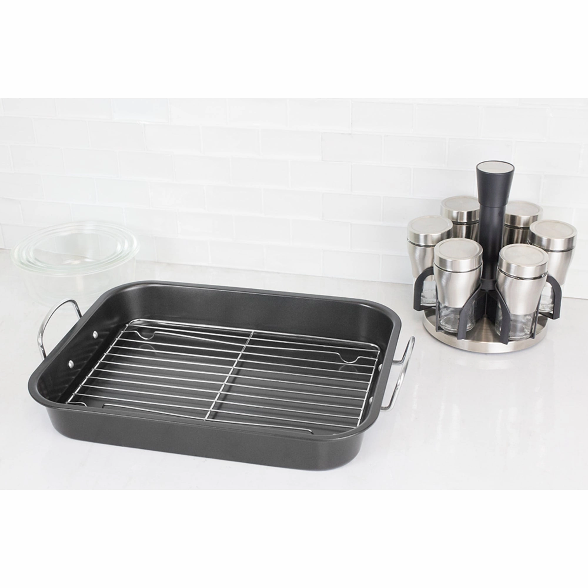 Home Basics Roast Pan with Grill Rack, Grey