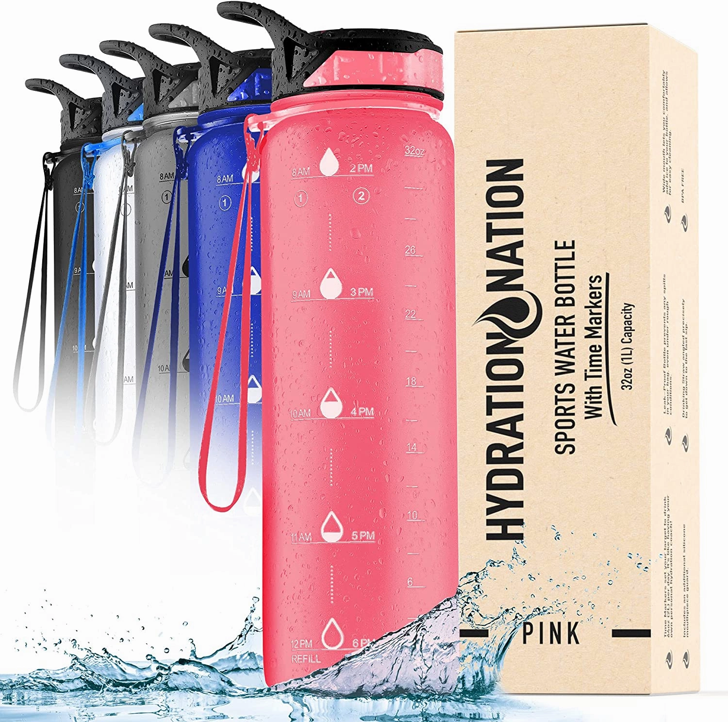 Hydration Nation Water Bottle With Time Marker 32 oz