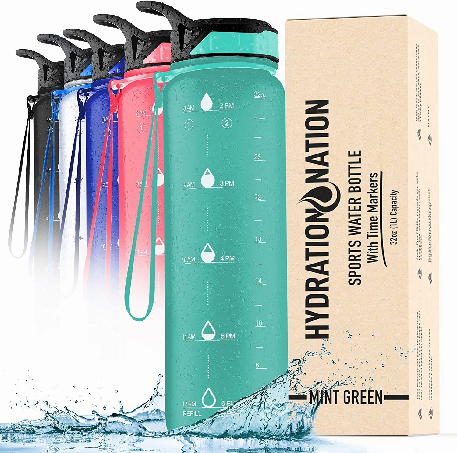 Hydration Nation Water Bottle With Time Marker 32 oz