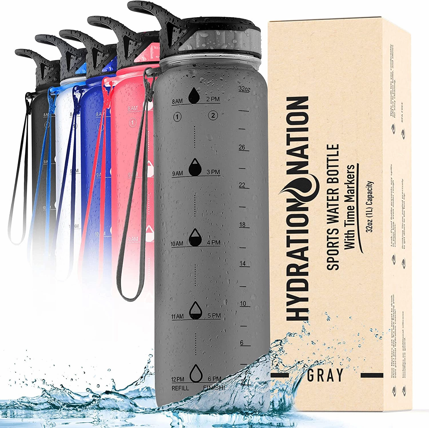 Hydration Nation Water Bottle With Time Marker 32 oz