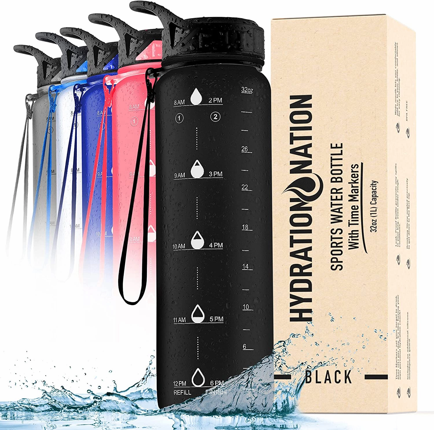Hydration Nation Water Bottle With Time Marker 32 oz