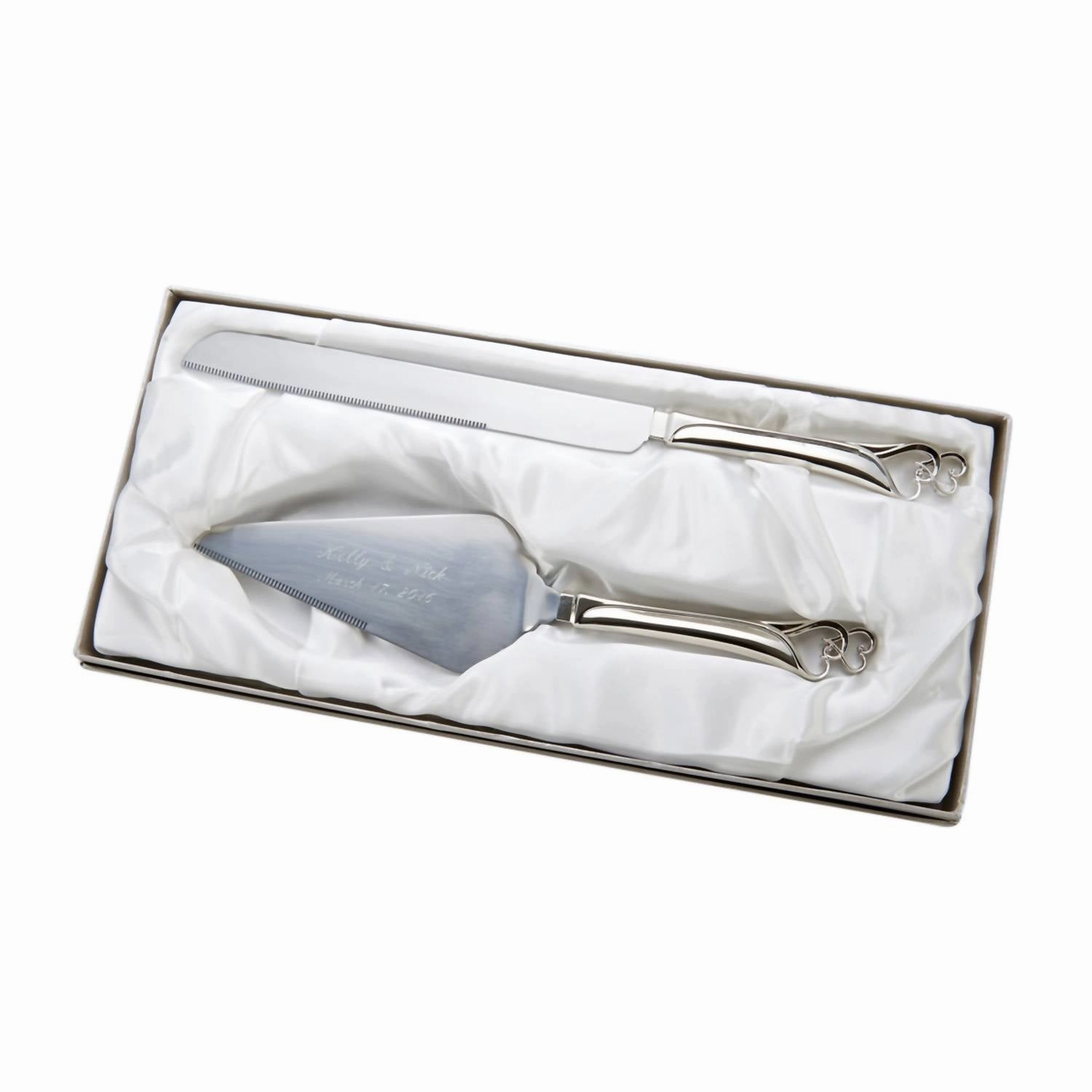 Knife & Server Set With Double Heart Handles In Nickel
