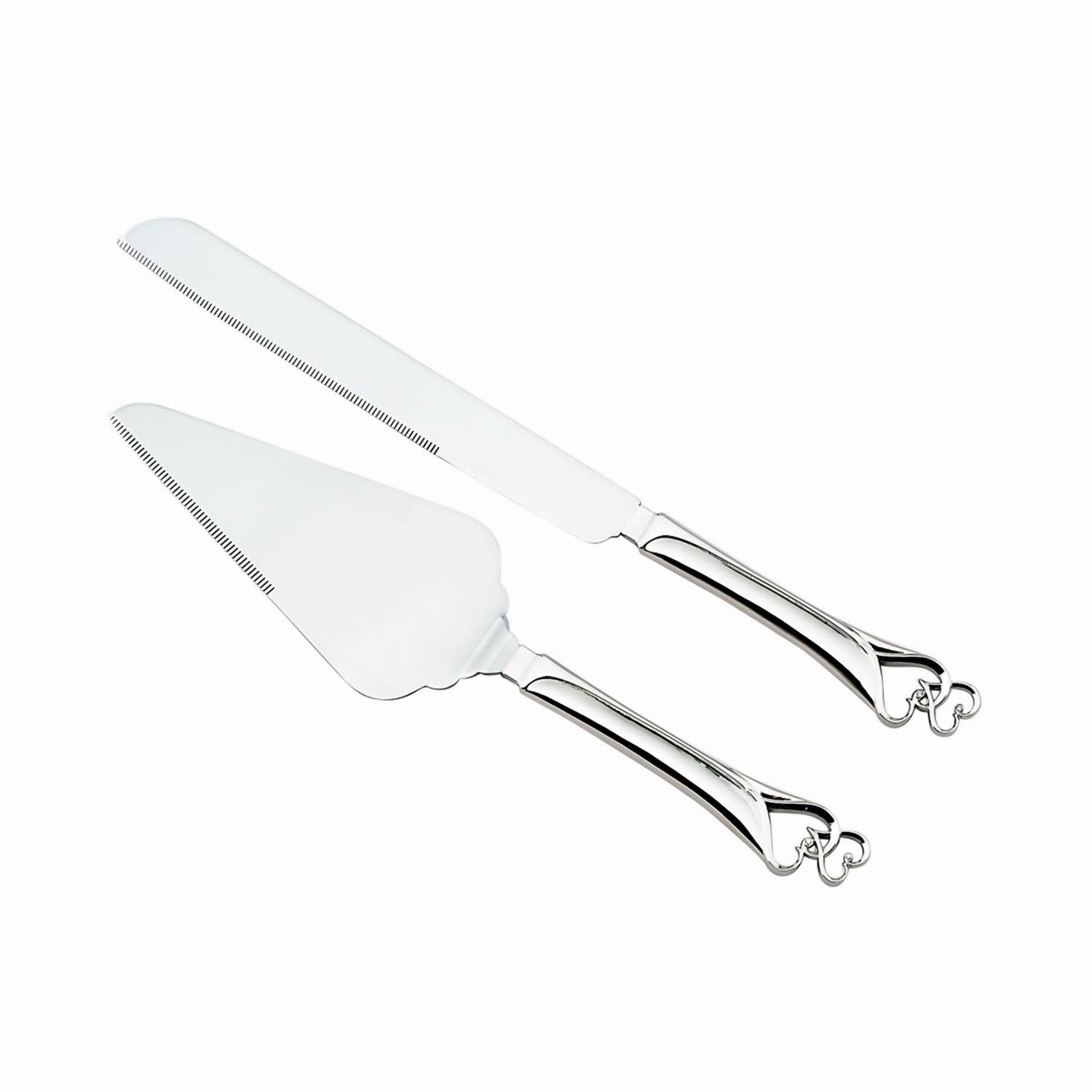 Knife & Server Set With Double Heart Handles In Nickel Cutlery knife sets deals