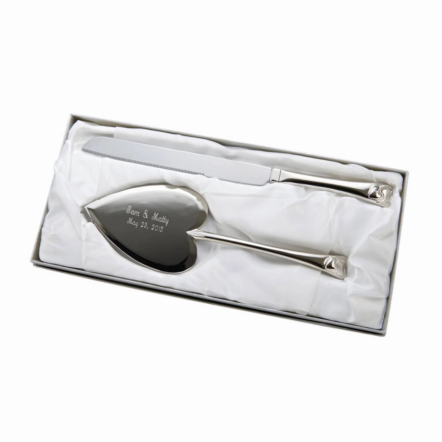 Knife & Server Set With Heart Motif In Silver