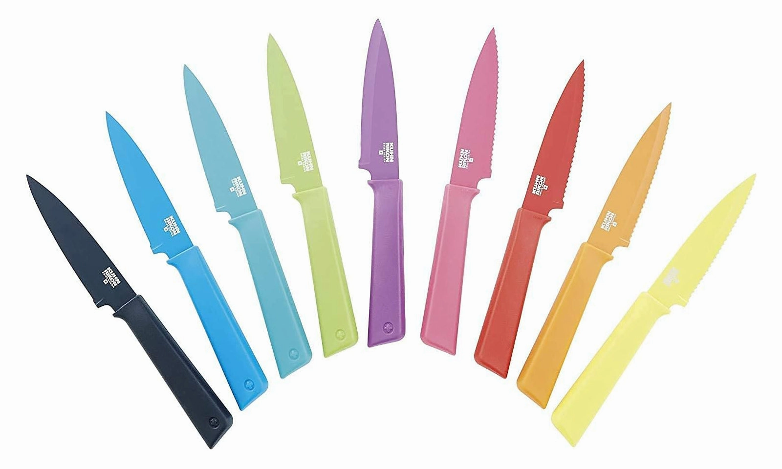 Kuhn Rikon COLORI  Non-Stick Straight and Serrated Paring Knives with Safety Sheaths, Set of 2, Red and Green