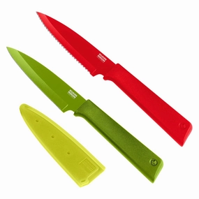 Kuhn Rikon COLORI  Non-Stick Straight and Serrated Paring Knives with Safety Sheaths, Set of 2, Red and Green Cutlery outlet discounts