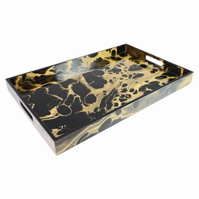 Lacquer Rectangle Tray (Black Gold Marble Black Trim) Decorative Trays cheap sale