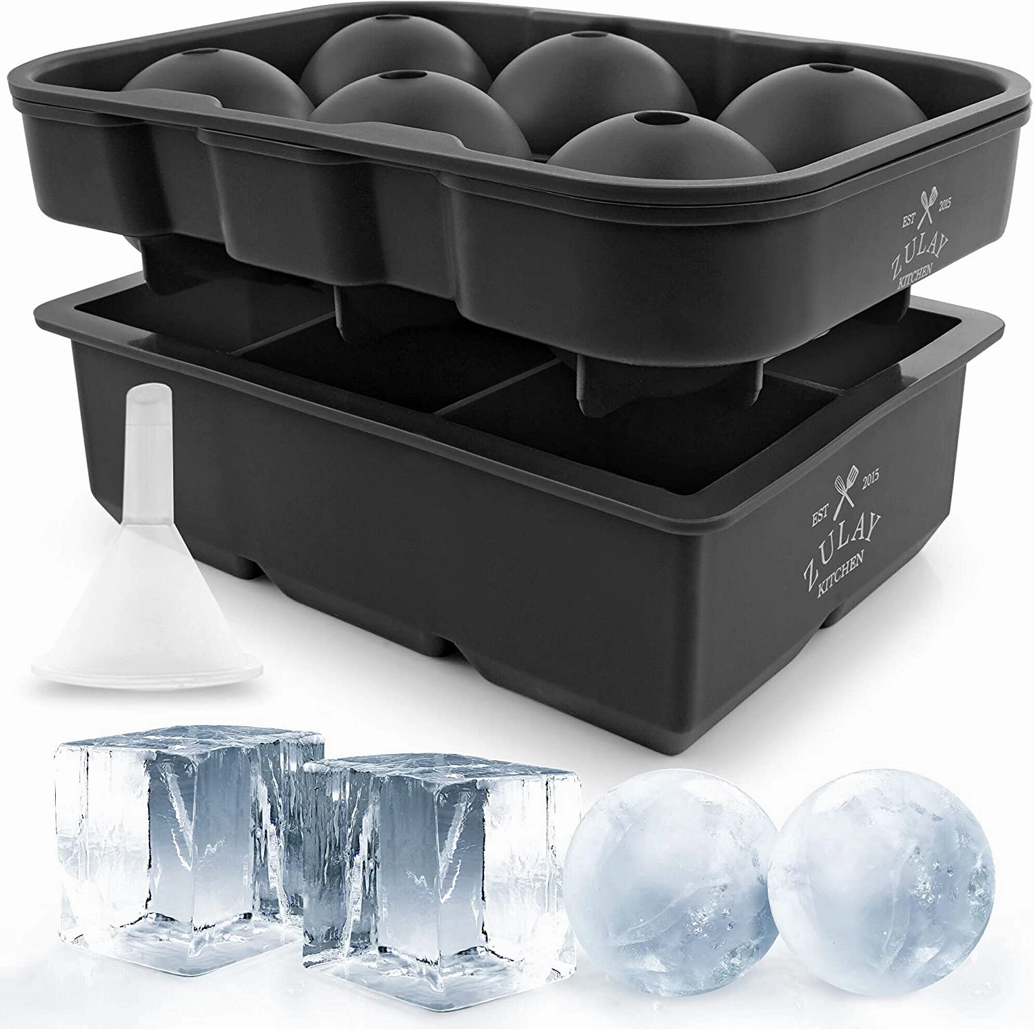 Large Square Ice Cube Molds and Sphere Ice Ball Maker with Lid (Set of 2)