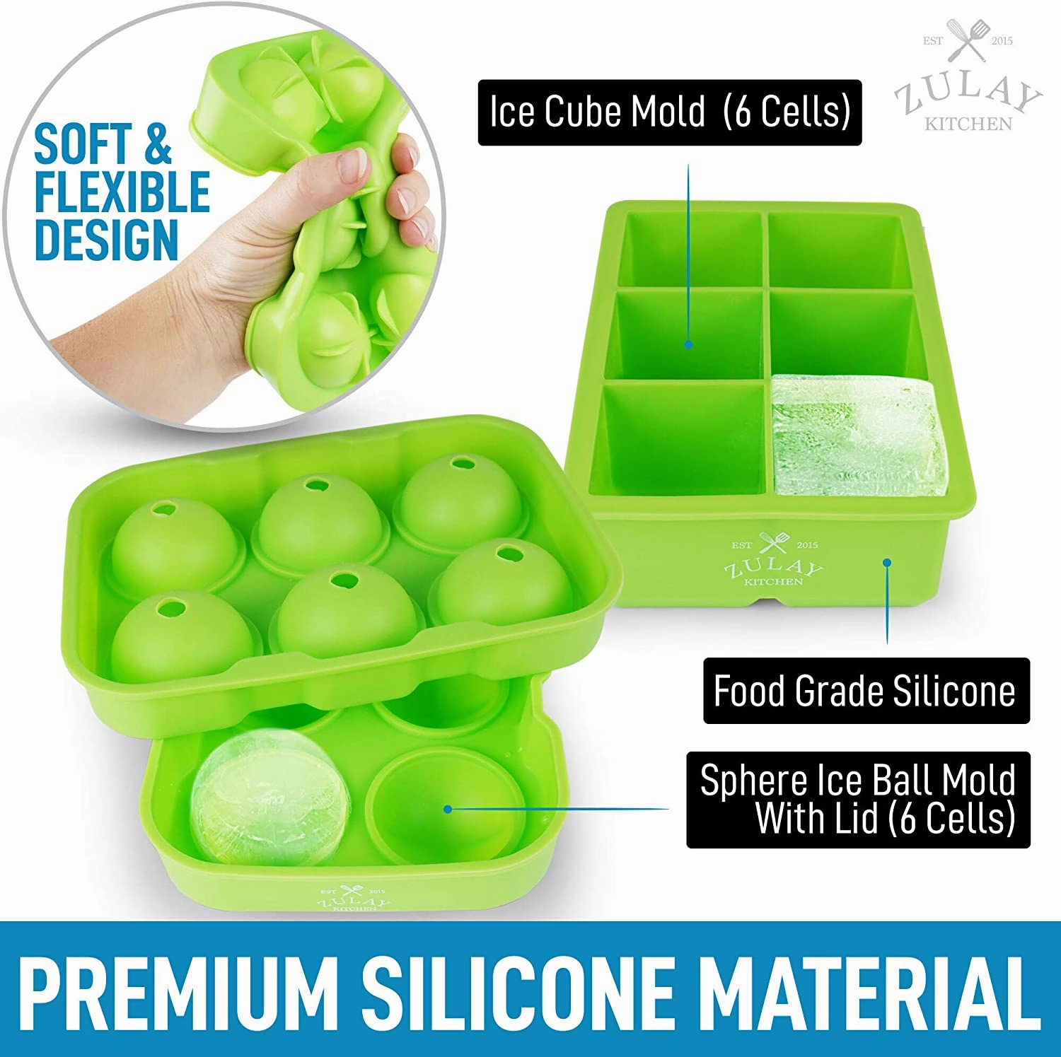 Large Square Ice Cube Molds and Sphere Ice Ball Maker with Lid (Set of 2)