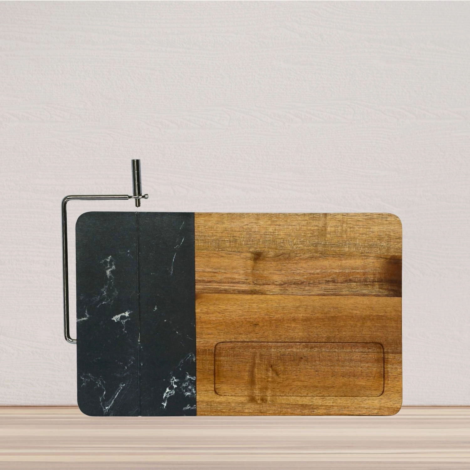 Marble And Acacia Wood Board With Slicer In Black/natural