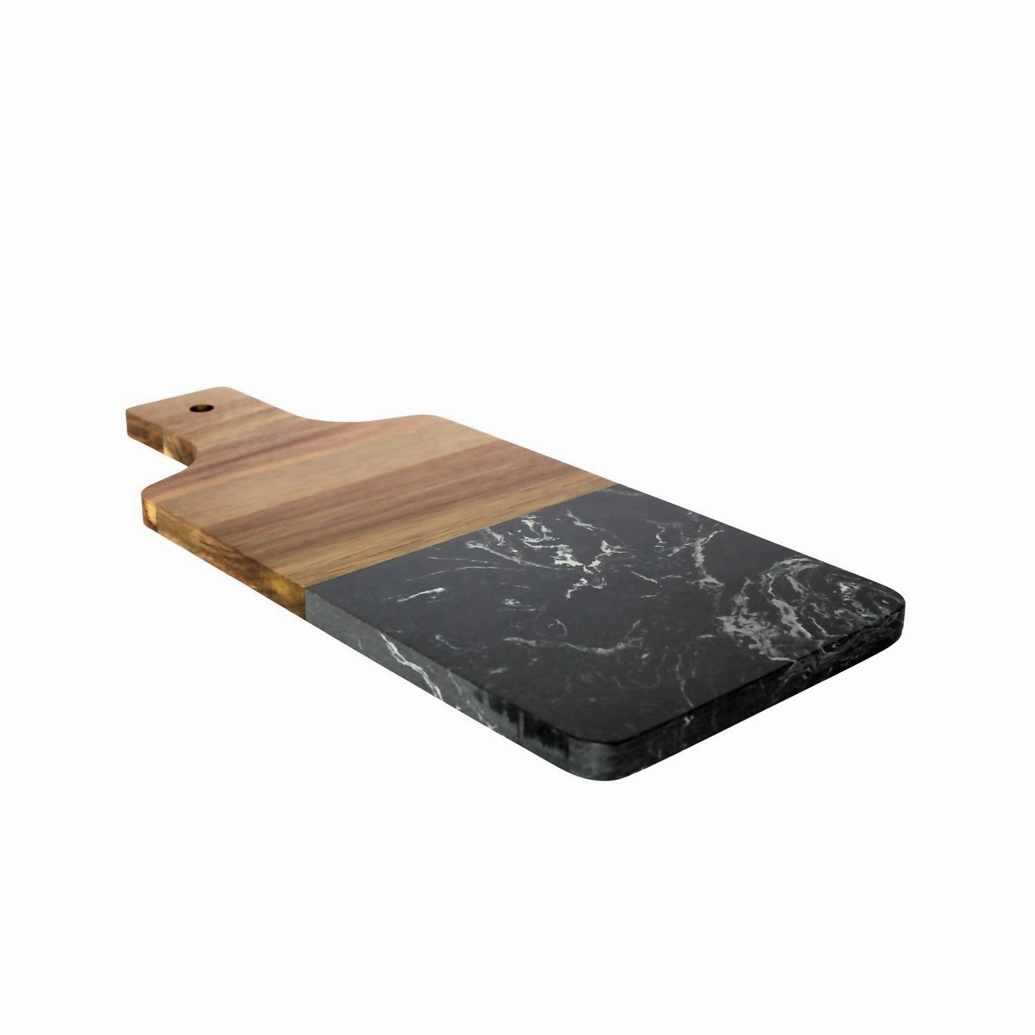 Marble And Acacia Wood Handled Board In Black/natural