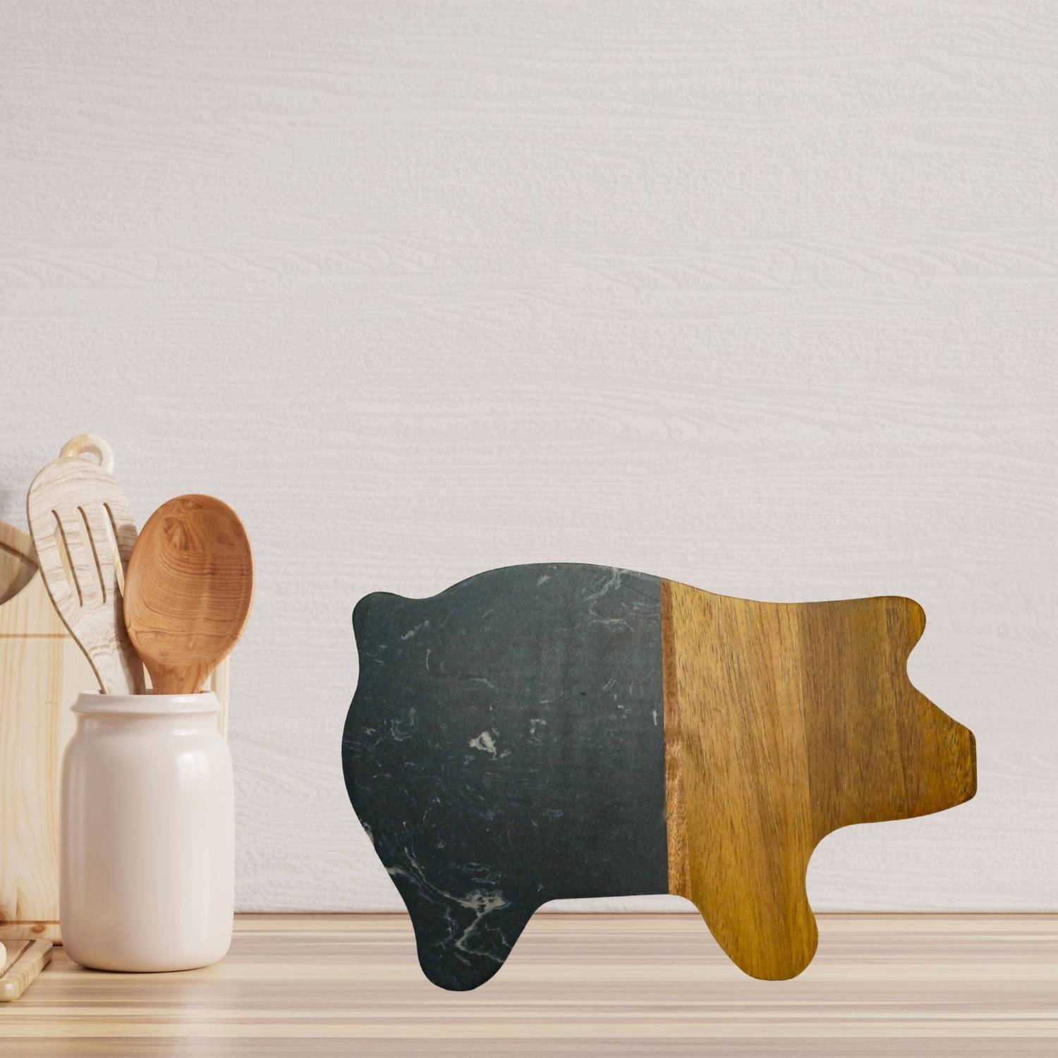 Marble And Acacia Wood Pig Board In Black/natural