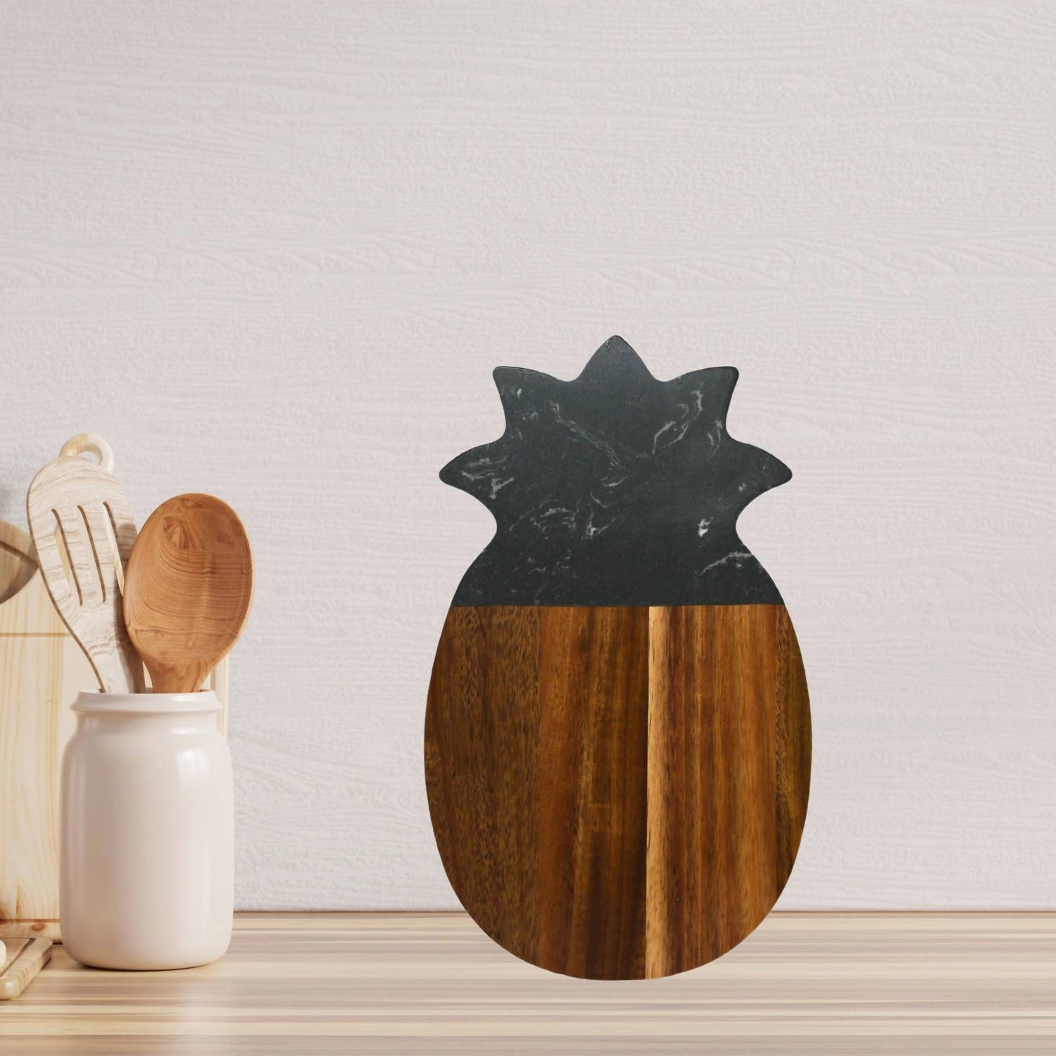 Marble And Acacia Wood Pineapple Board In Black/natural