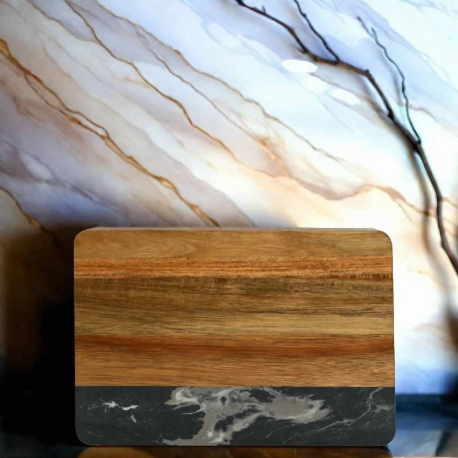 Marble And Acacia Wood Rectangle Board In Black/natural