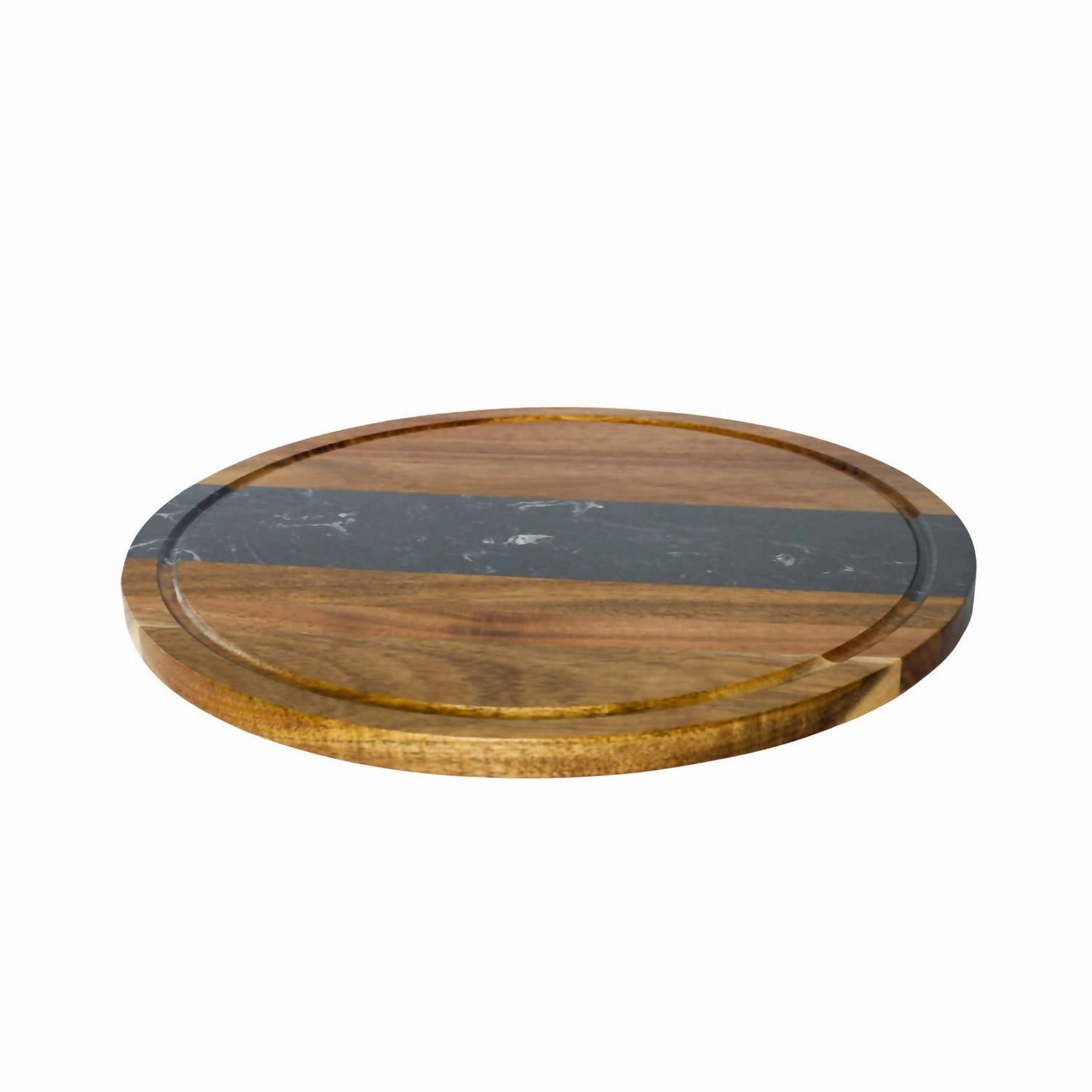Marble Stripe And Acacia Wood Round Board In Black/natural