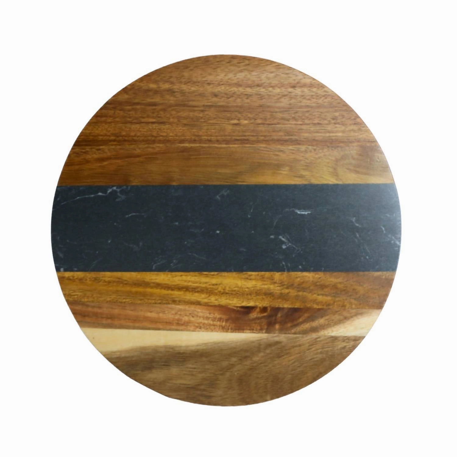 Marble Stripe And Acacia Wood Round Board In Black/natural