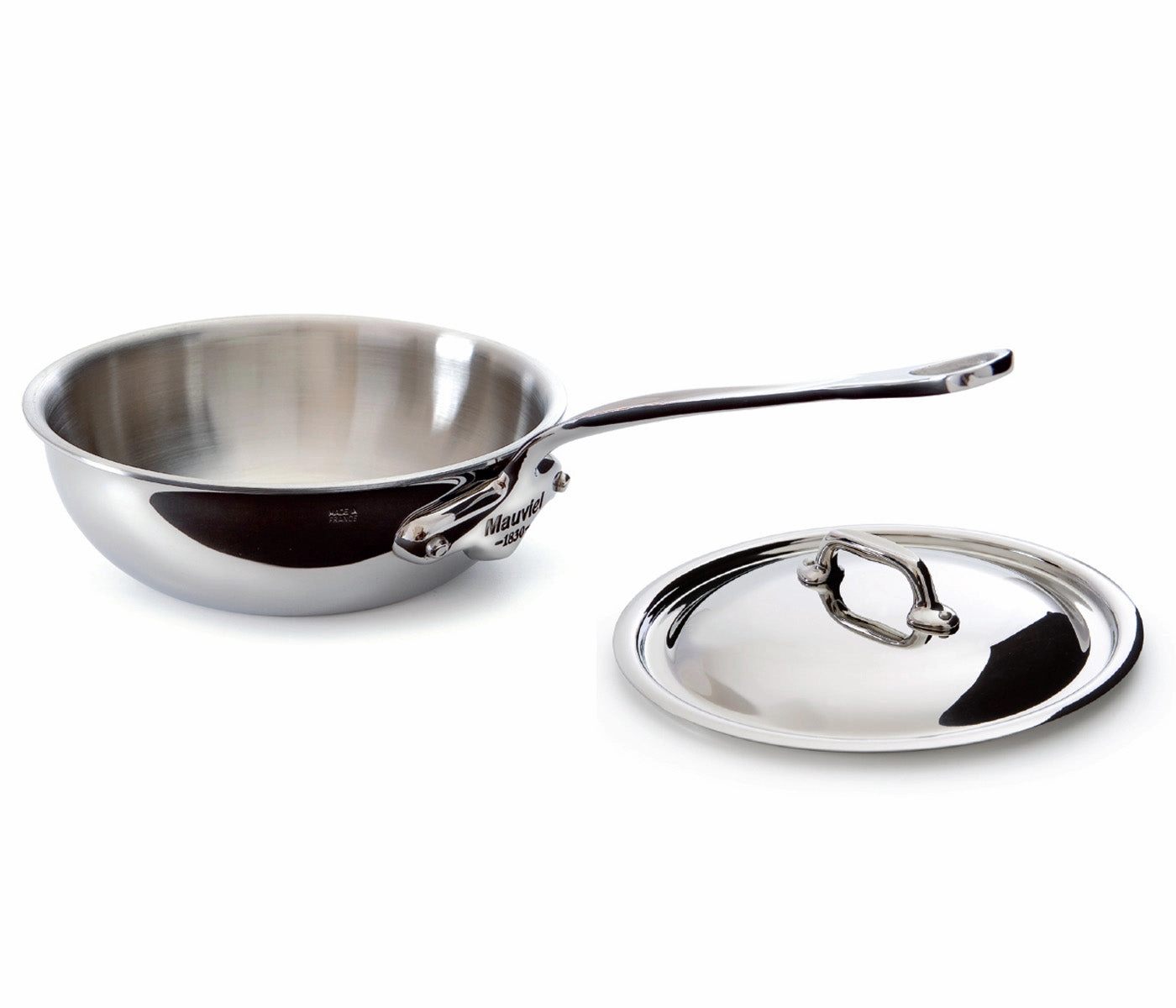 Mauviel M'Cook 2.1 qt. Stainless Steel Curved Splayed Saute Pan with Lid Cookware online kitchen sale