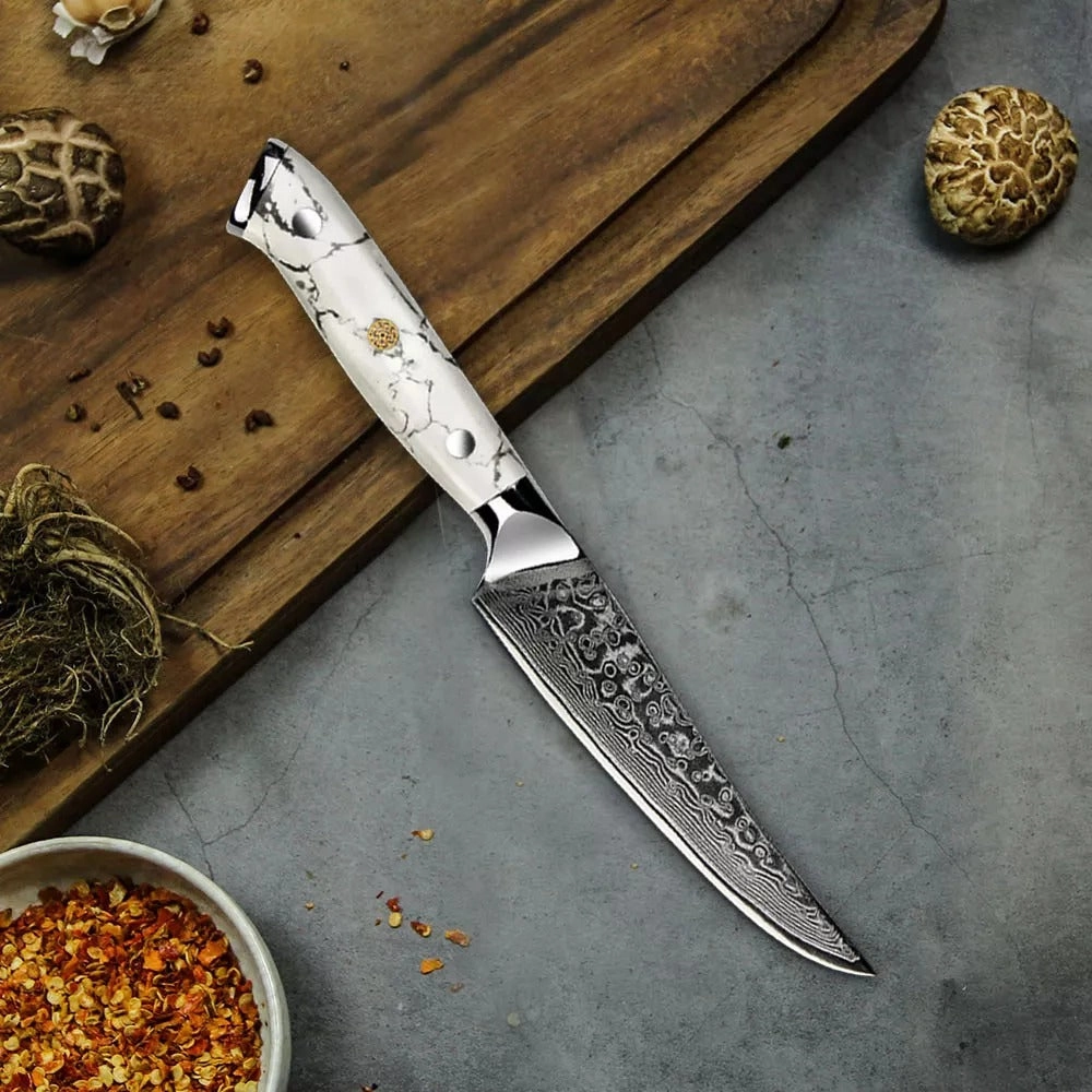 Minimal White Stone Damascus Steak Knife Set Of 4