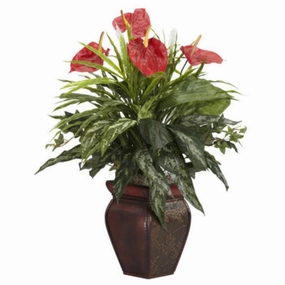 Mixed Greens & Anthurium w/Decorative Vase Silk Plant Faux Florals cheap bouquet decor