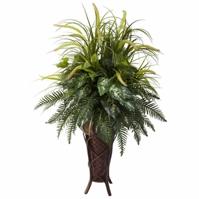 Mixed Greens & Cattails w/Stand Planter Faux Florals best price deals