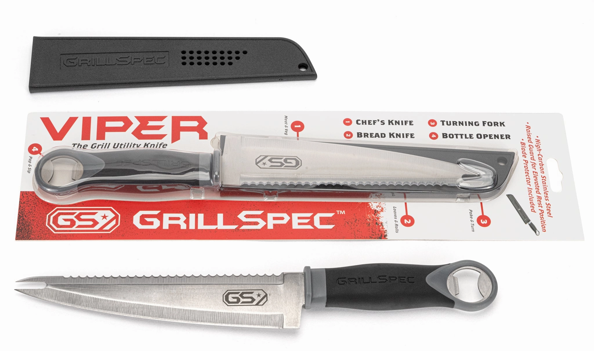 MULTI-USE UTILITY GRILL KNIFE, STAINLESS STEEL DUAL-SIDED BLADE, SILICONE GRIP, WITH BLADE PROTECTOR, 8"