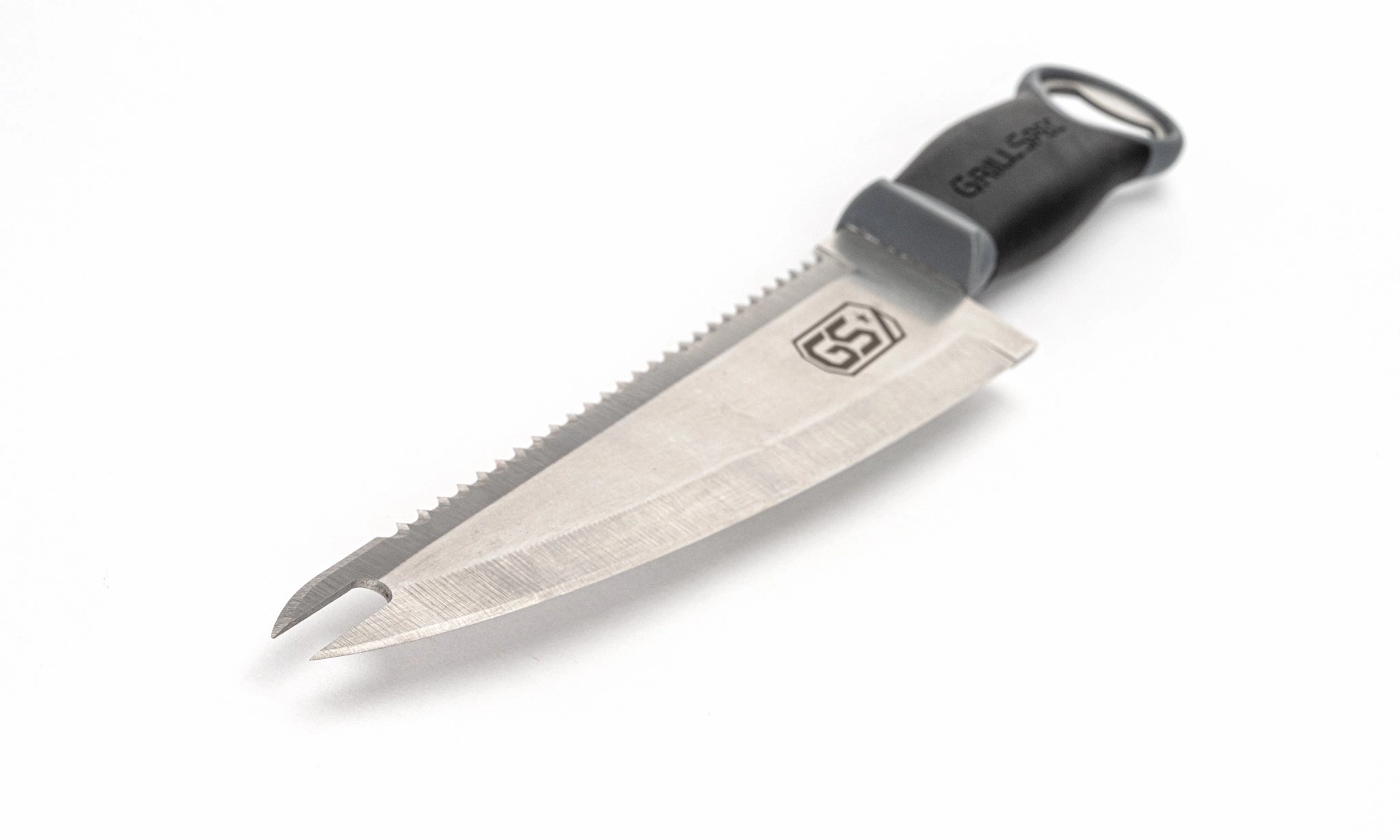 MULTI-USE UTILITY GRILL KNIFE, STAINLESS STEEL DUAL-SIDED BLADE, SILICONE GRIP, WITH BLADE PROTECTOR, 8"