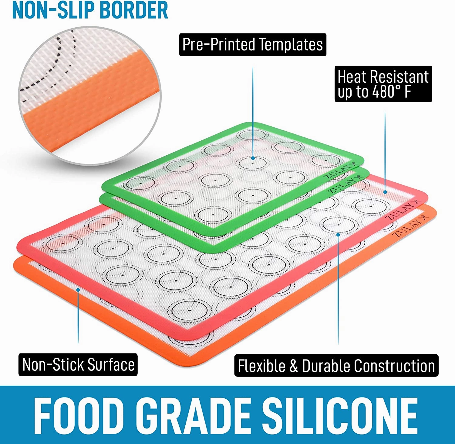 Non-Stick & Reusable Silicone Baking Mats With Pre-printed Template Design (Set of 4)