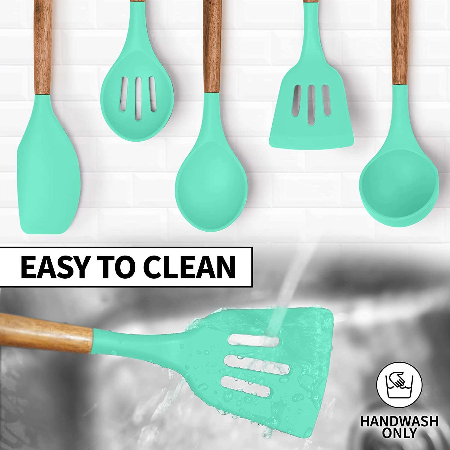 Non-Stick Silicone Cooking Utensils Set with Authentic Acacia Wood Handles 5 Piece