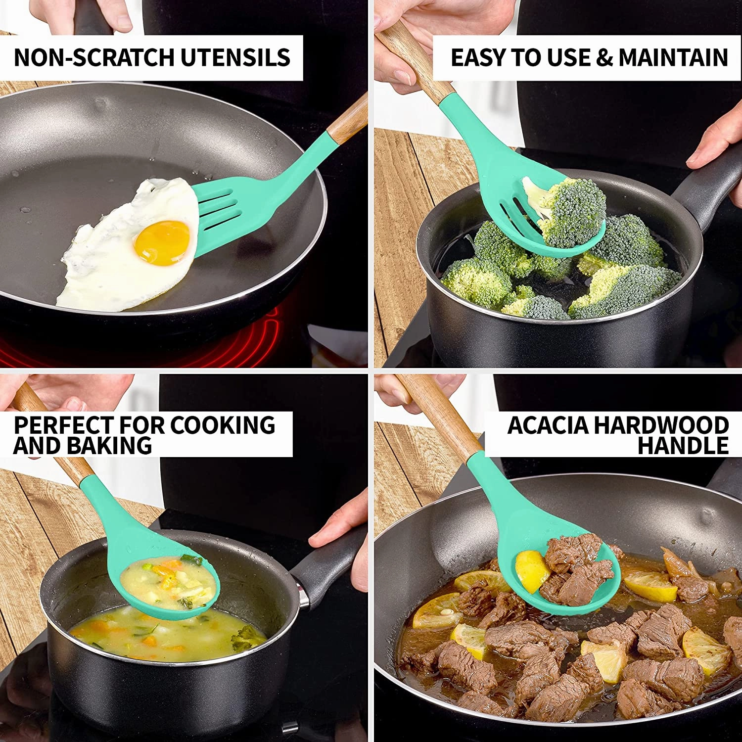 Non-Stick Silicone Cooking Utensils Set with Authentic Acacia Wood Handles 5 Piece