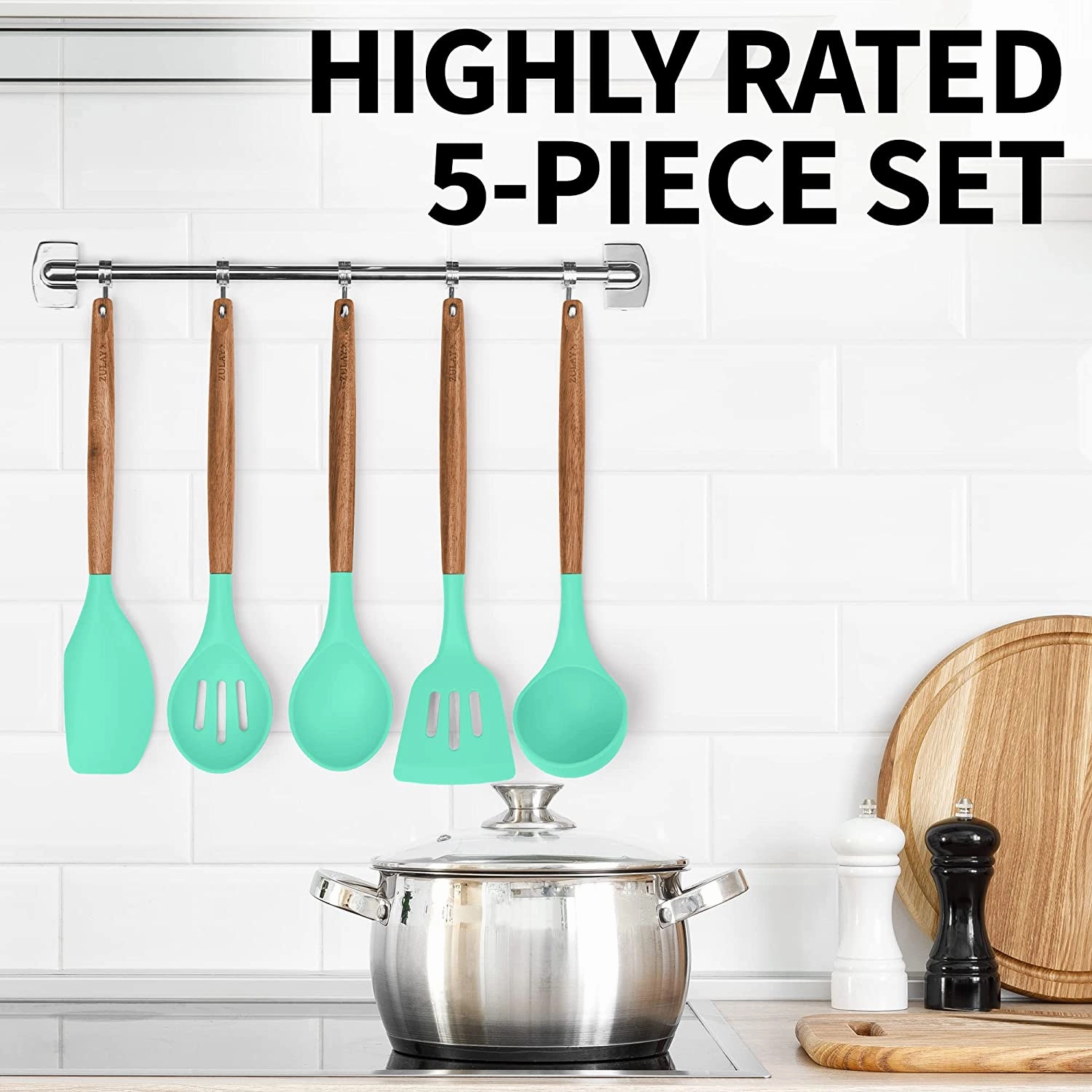 Non-Stick Silicone Cooking Utensils Set with Authentic Acacia Wood Handles 5 Piece