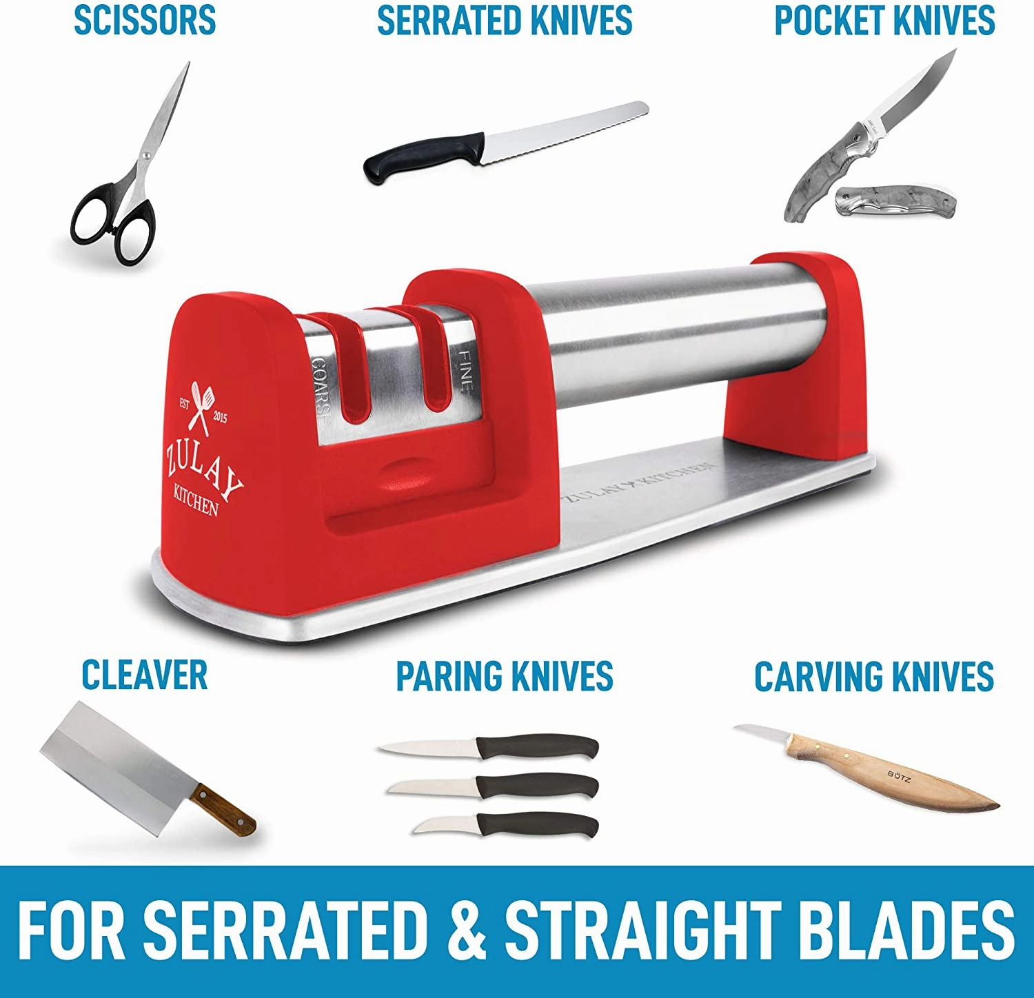 Premium Quality Knife Sharpener for Straight and Serrated Knives Stainless Steel Ceramic and Tungsten