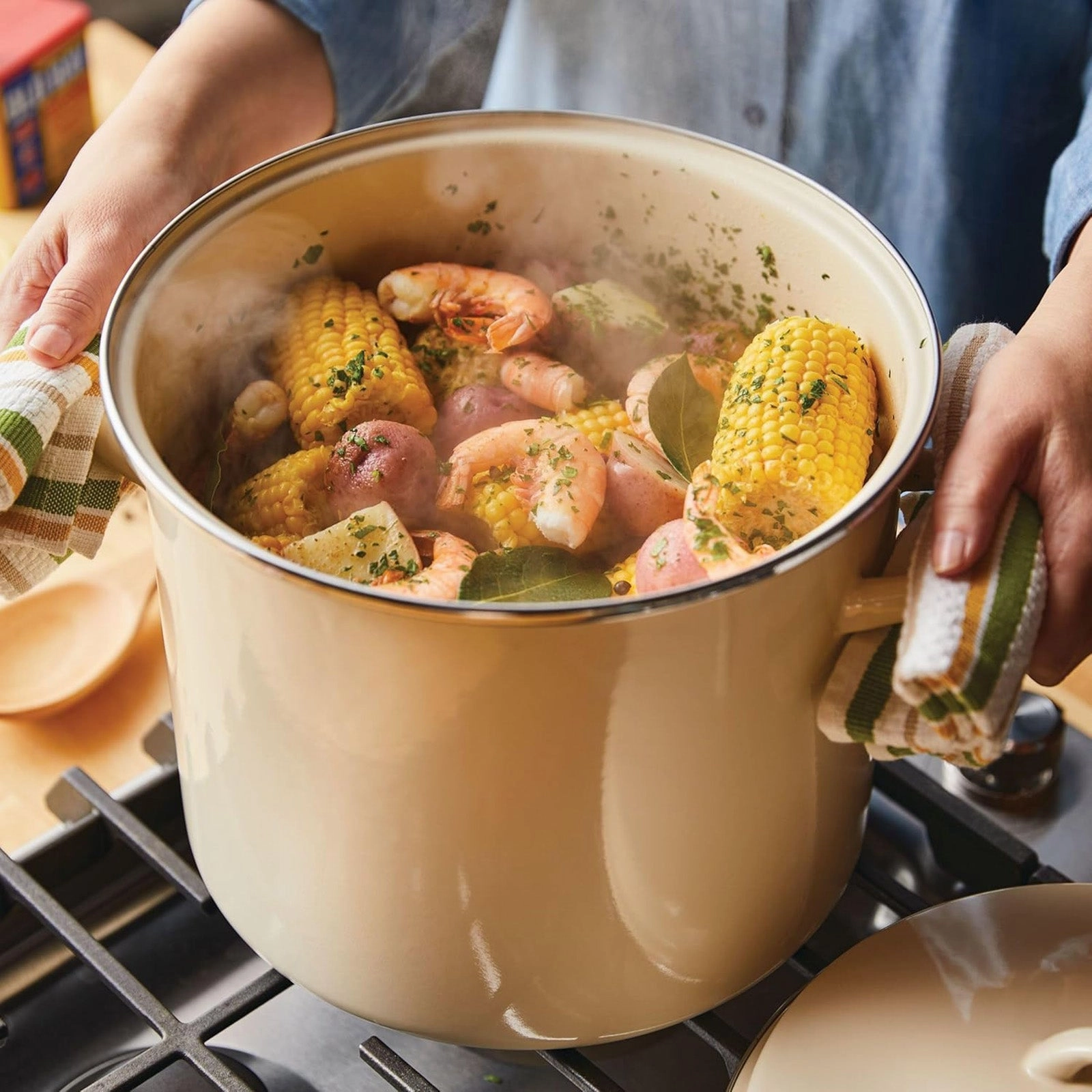 Rachael Ray 12-Quart Induction Enamel Stockpot with Lid, Almond