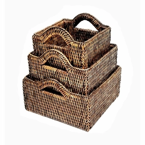 Rattan Antique Brown Empire Set 3 Square Tray w/ Handles Decorative Baskets clearance deals