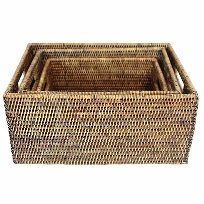Rattan Rectangular Set of 3 Baskets w/ Handles Decorative Baskets clearance deals