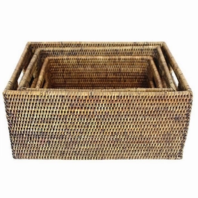 Rattan Rectangular Set of 3 Baskets w/ Handles Decorative Baskets clearance deals