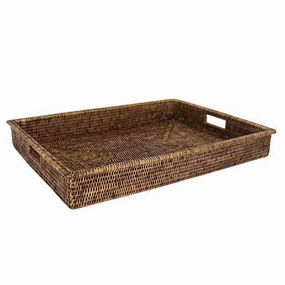 Rattan Rectangular Shallow Tray  w/Handle 26" Decorative Trays cheap sale