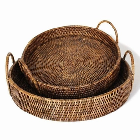 Rattan Round Tray w/Handles Set/2 Decorative Trays cheap sale