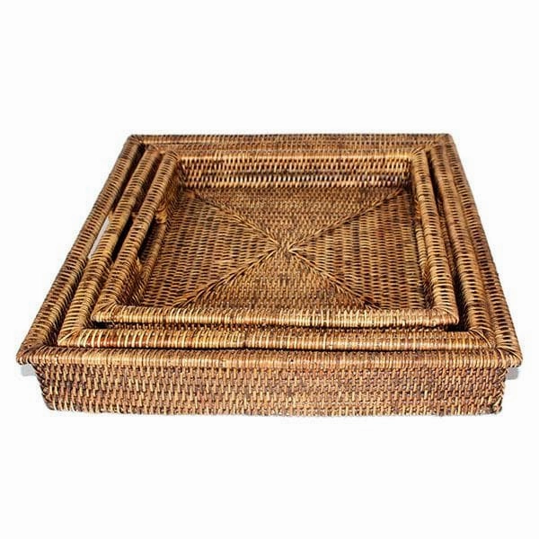Rattan Tray Square Set/3 w/ Handles