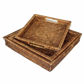 Rattan Tray Square Set/3 w/ Handles Decorative Trays cheap sale