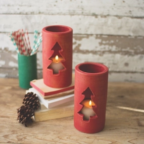 Red Clay Christmas Tree Luminary Set/6 Candle Holders discount collection